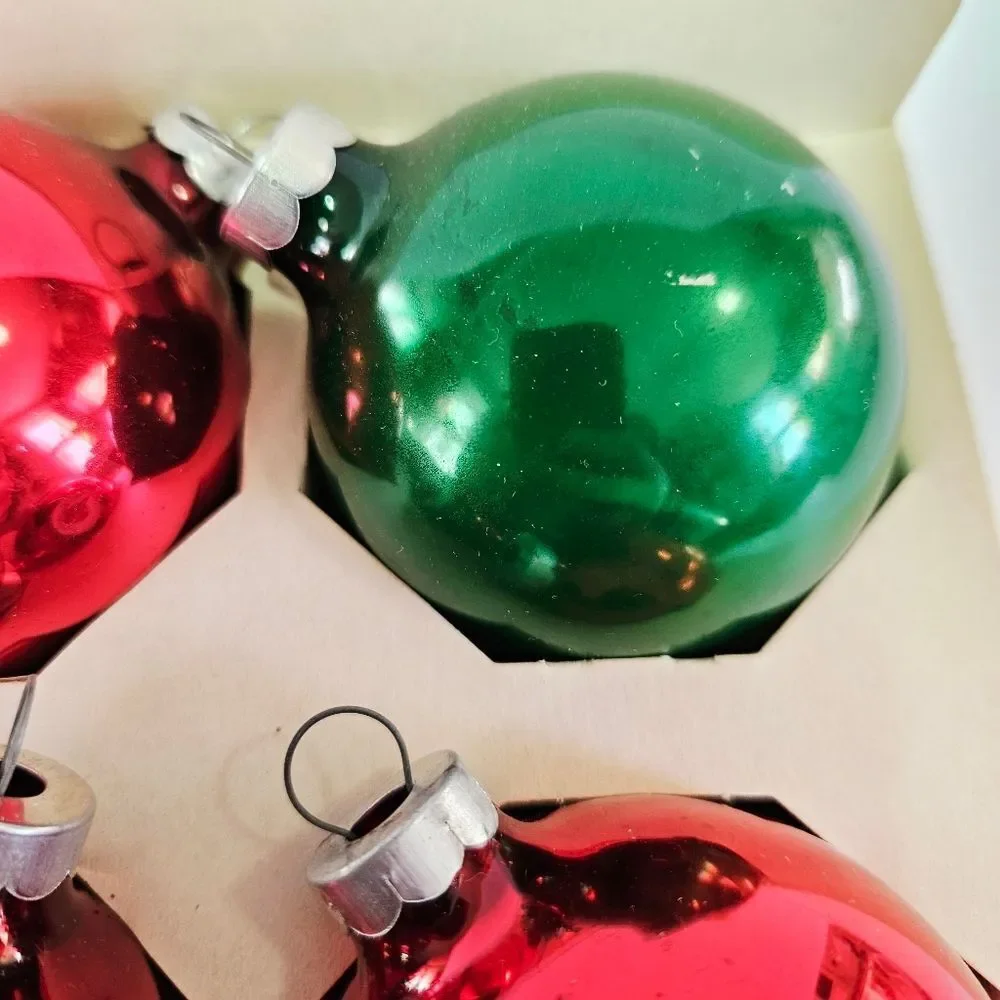 Vintage 1960's Essex Franke Red Ball Glass Christmas Ornament Set of 8 In Box